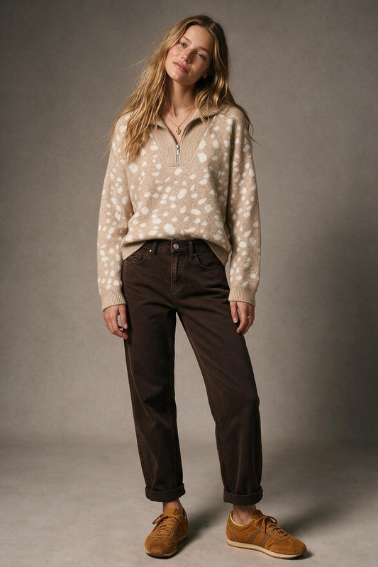 Beige Spotted Animal Print Soft fluffy Knit Half Zip Sweater - jumper