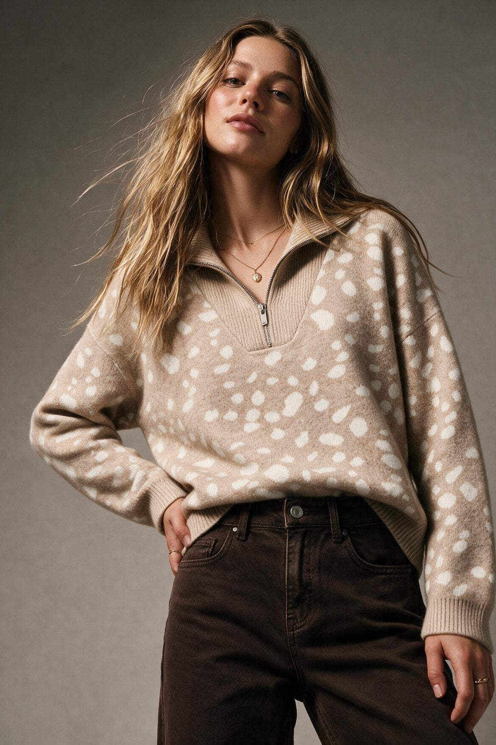 Beige Spotted Animal Print Soft fluffy Knit Half Zip Sweater - jumper