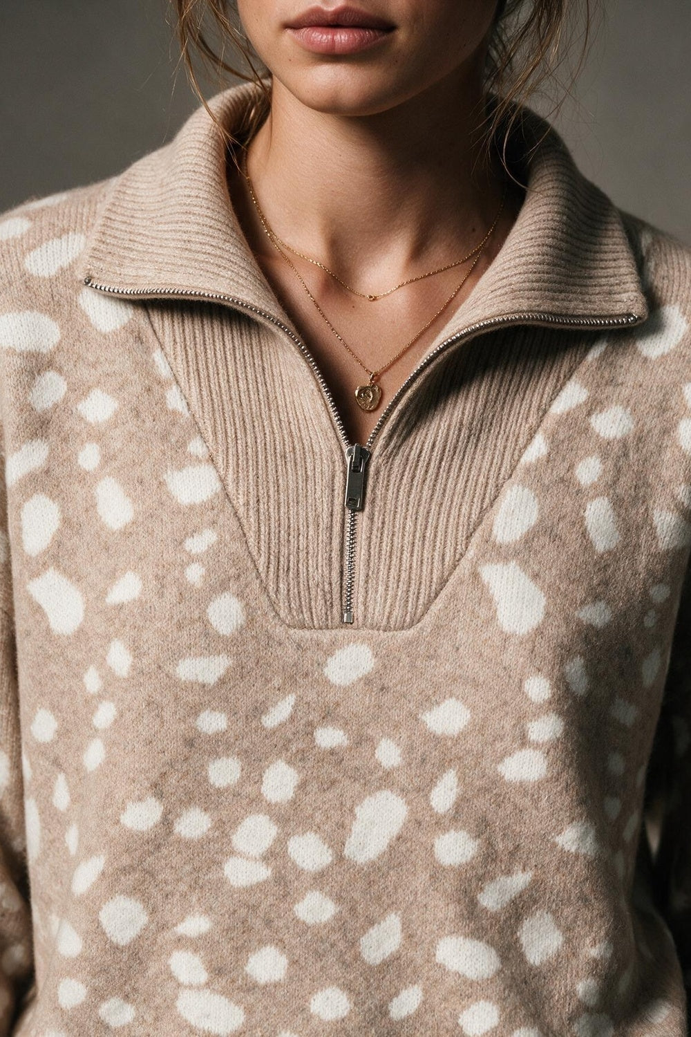 Beige Spotted Animal Print Soft fluffy Knit Half Zip Sweater - jumper
