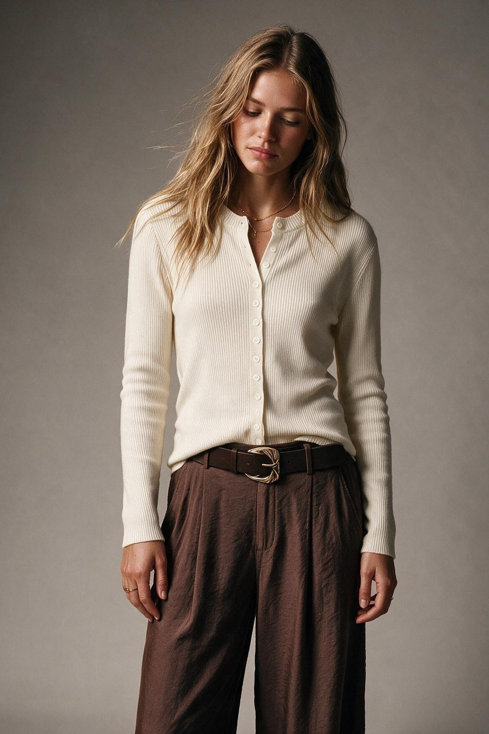 Cream Ribbed Knit Crew Neck Button Front Sweater - jumper