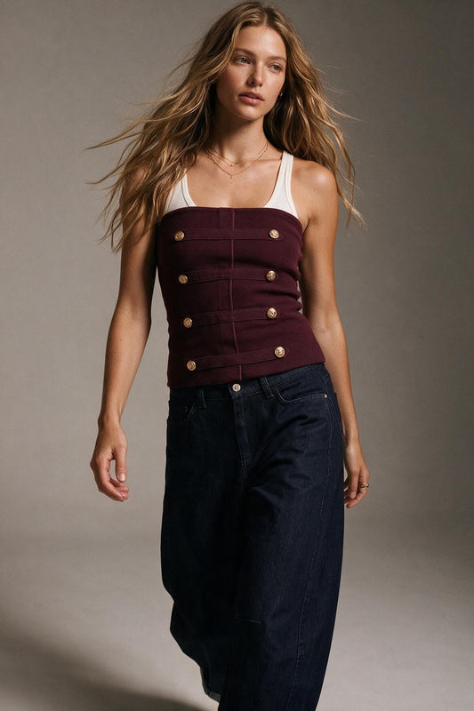 Burgundy Ribbed Knit Gold Button Strapless Tube Top - top