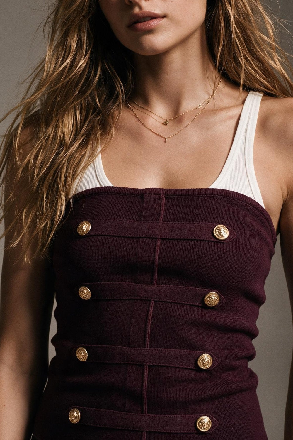 Burgundy Ribbed Knit Gold Button Strapless Tube Top - top