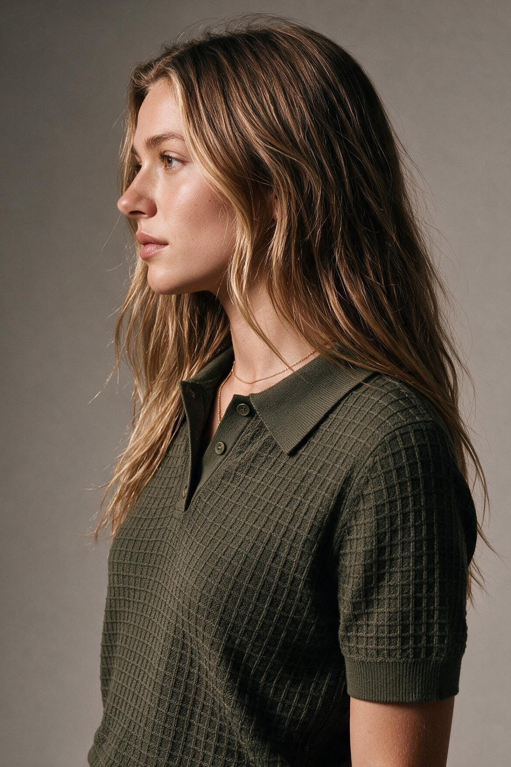 Olive Waffle Knit Button Placket Short Sleeve Polo - jumper