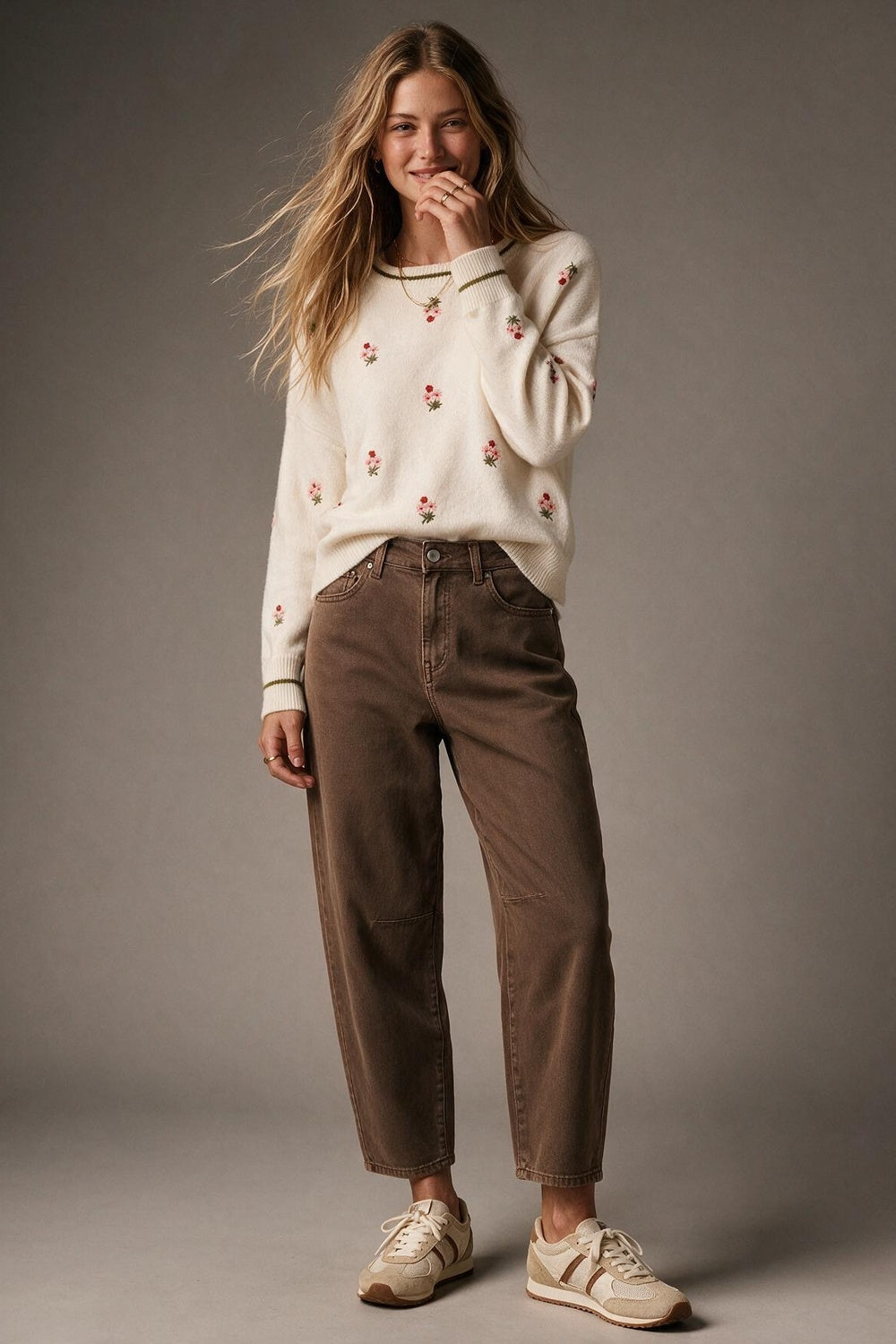 Cream Floral Embroidered Soft Knit Contrast Ribbed Trim Sweater - jumper