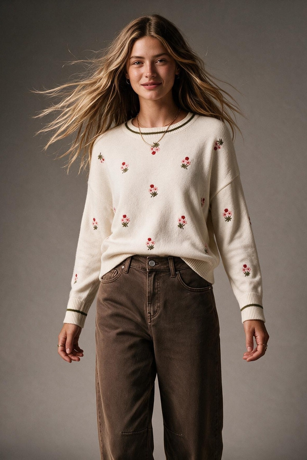 Cream Floral Embroidered Soft Knit Contrast Ribbed Trim Sweater - jumper