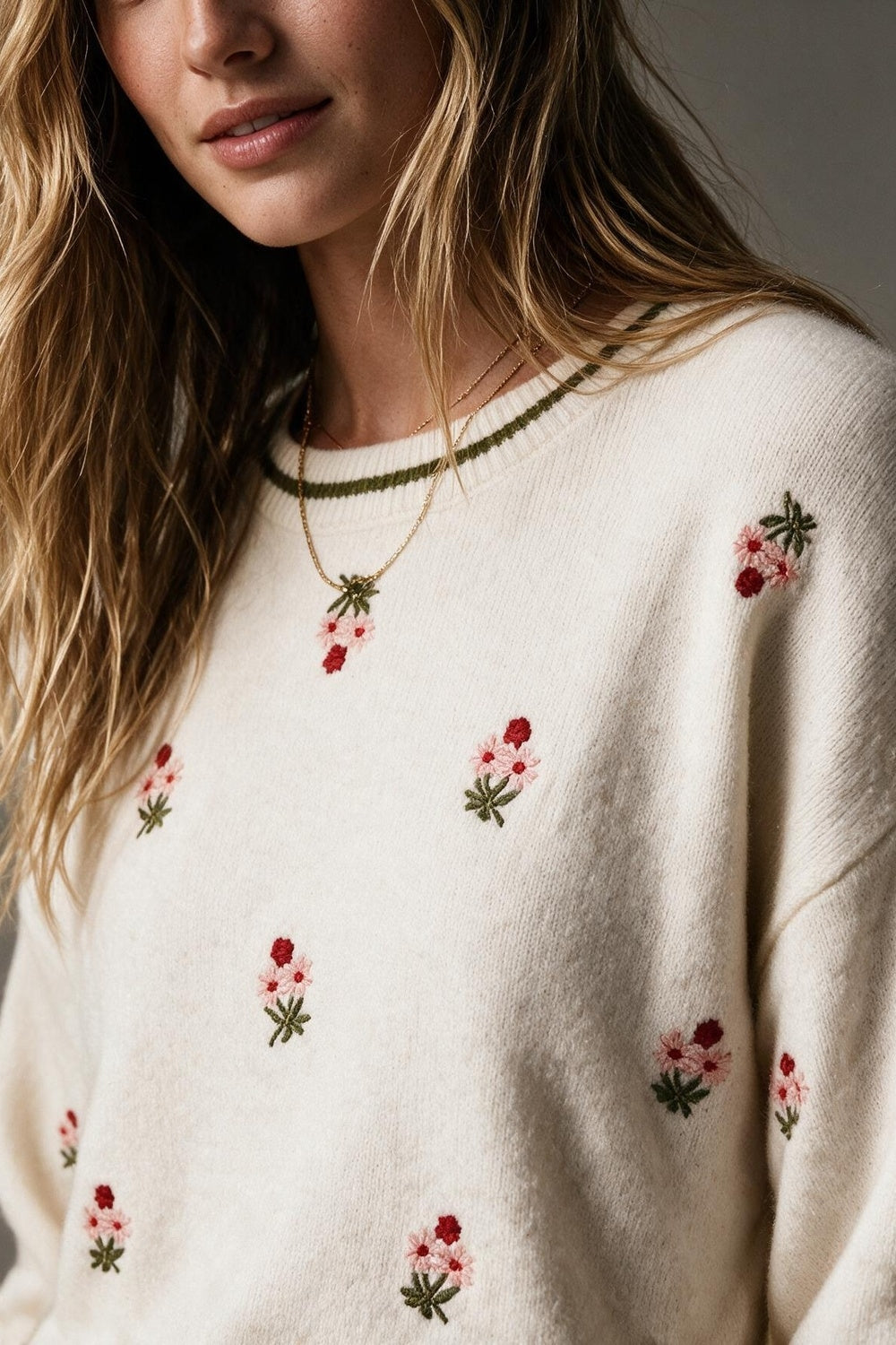 Cream Floral Embroidered Soft Knit Contrast Ribbed Trim Sweater - jumper