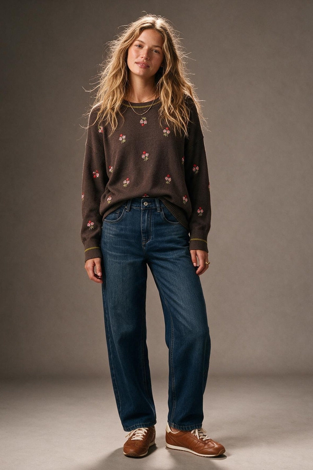 Brown Floral Embroidered chunky Knit Crew Neck Sweater - jumper