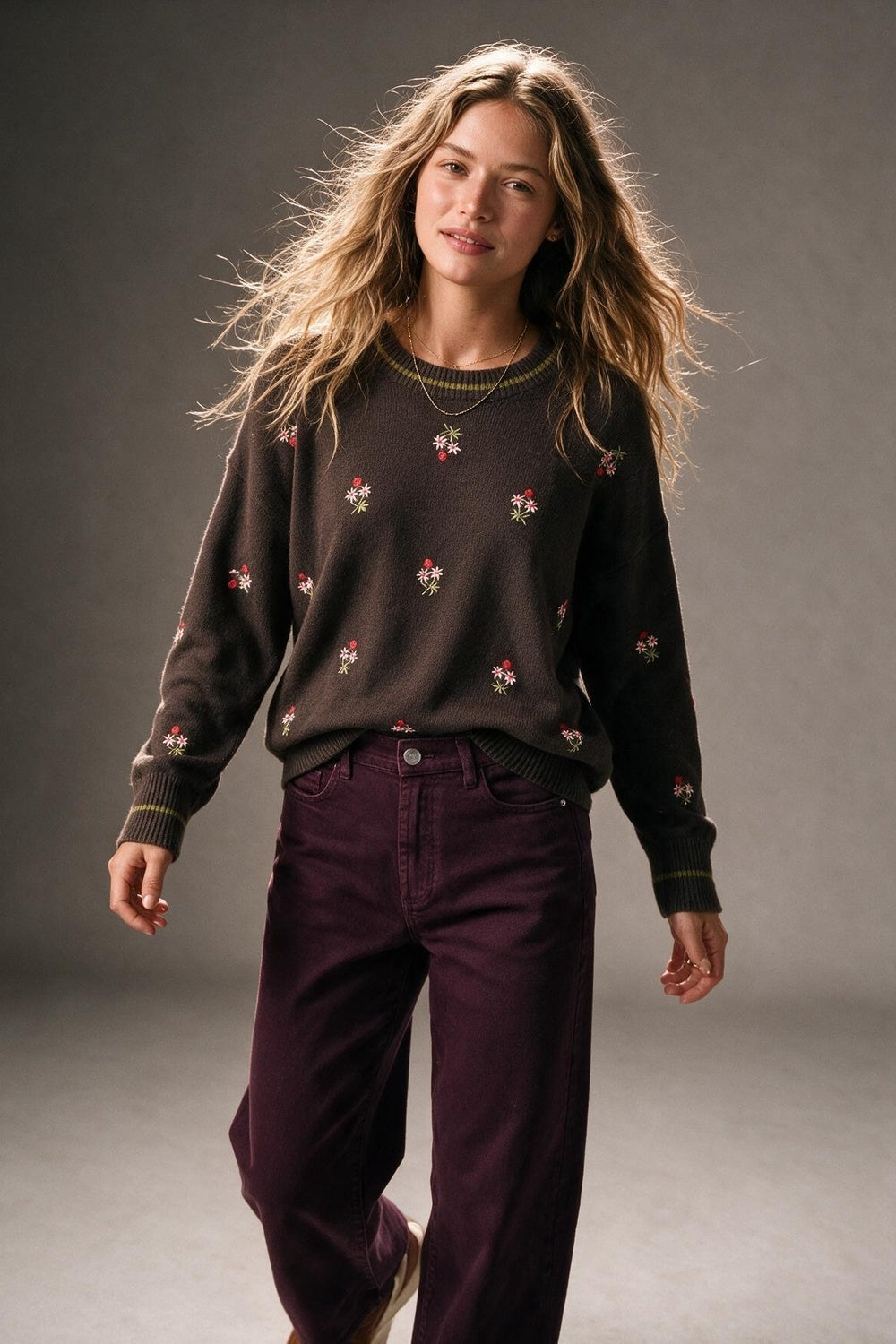 Brown Floral Embroidered chunky Knit Crew Neck Sweater - jumper