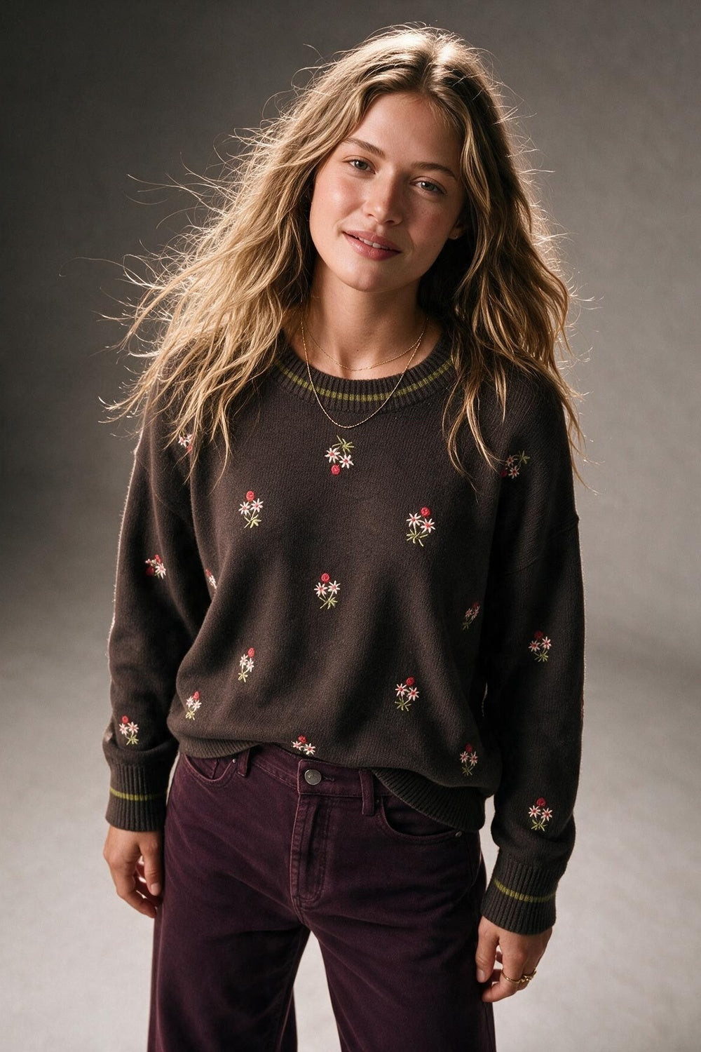 Brown Floral Embroidered chunky Knit Crew Neck Sweater - jumper