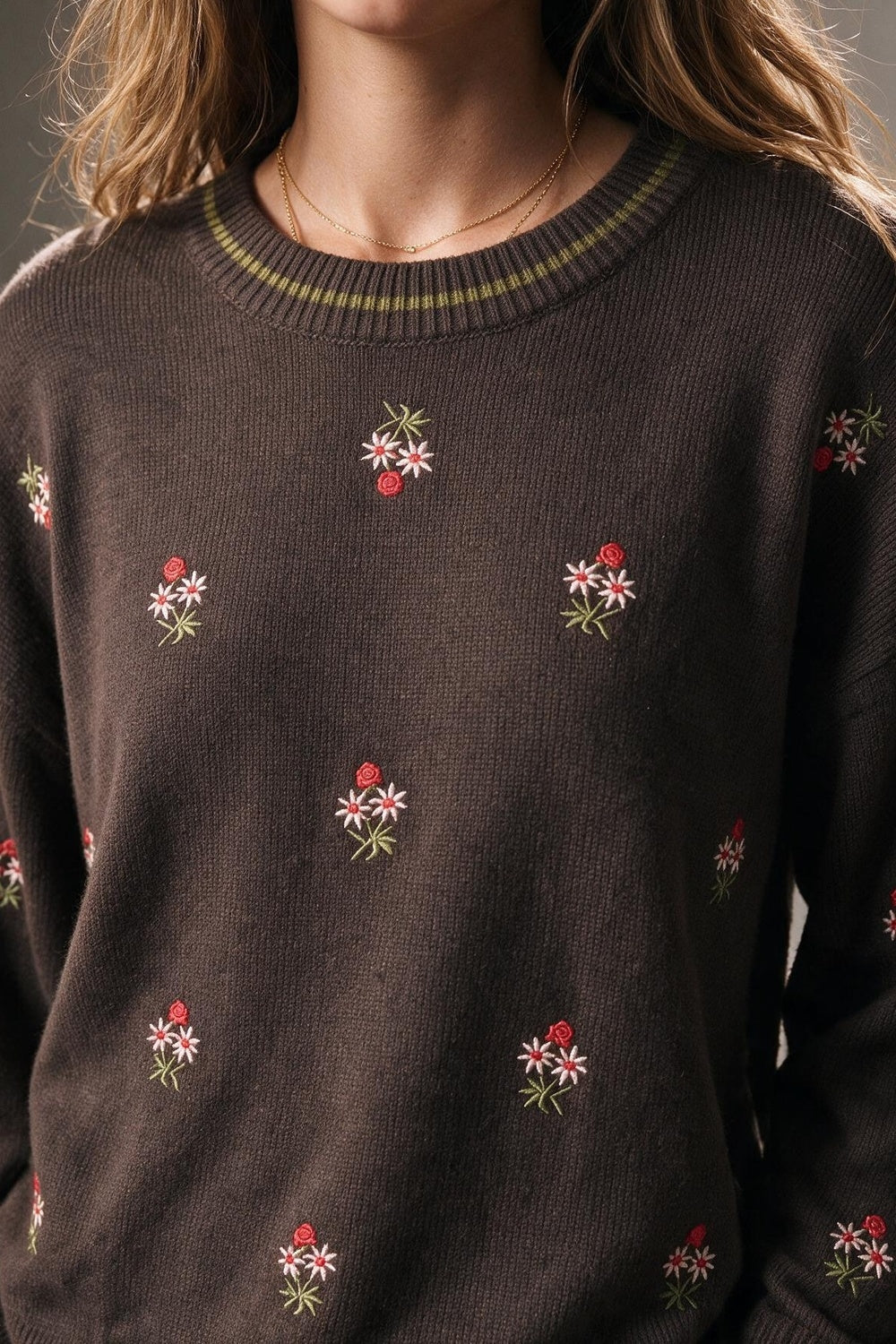 Brown Floral Embroidered chunky Knit Crew Neck Sweater - jumper