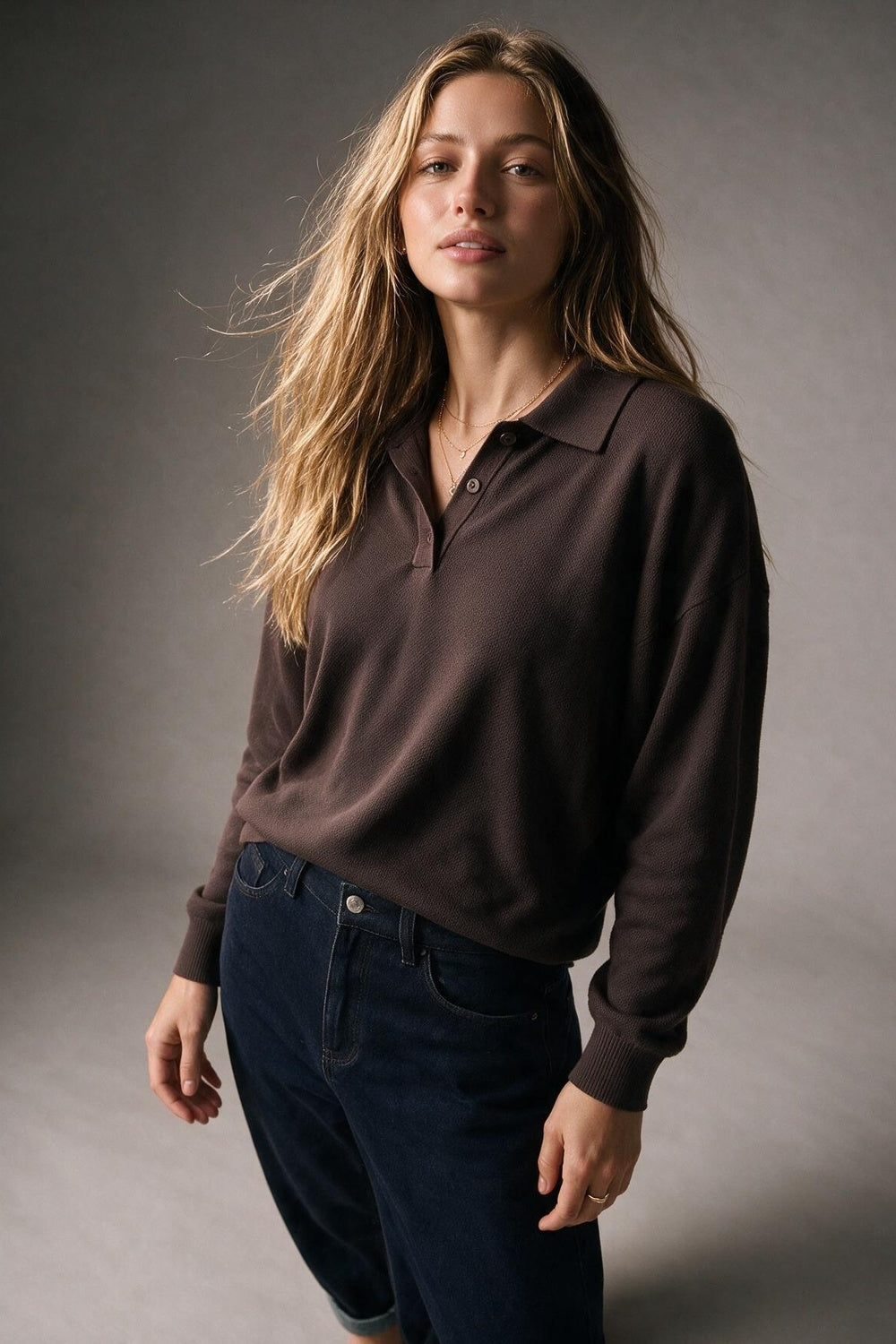 Brown chunky Knit Long Sleeve Polo Sweater - jumper
