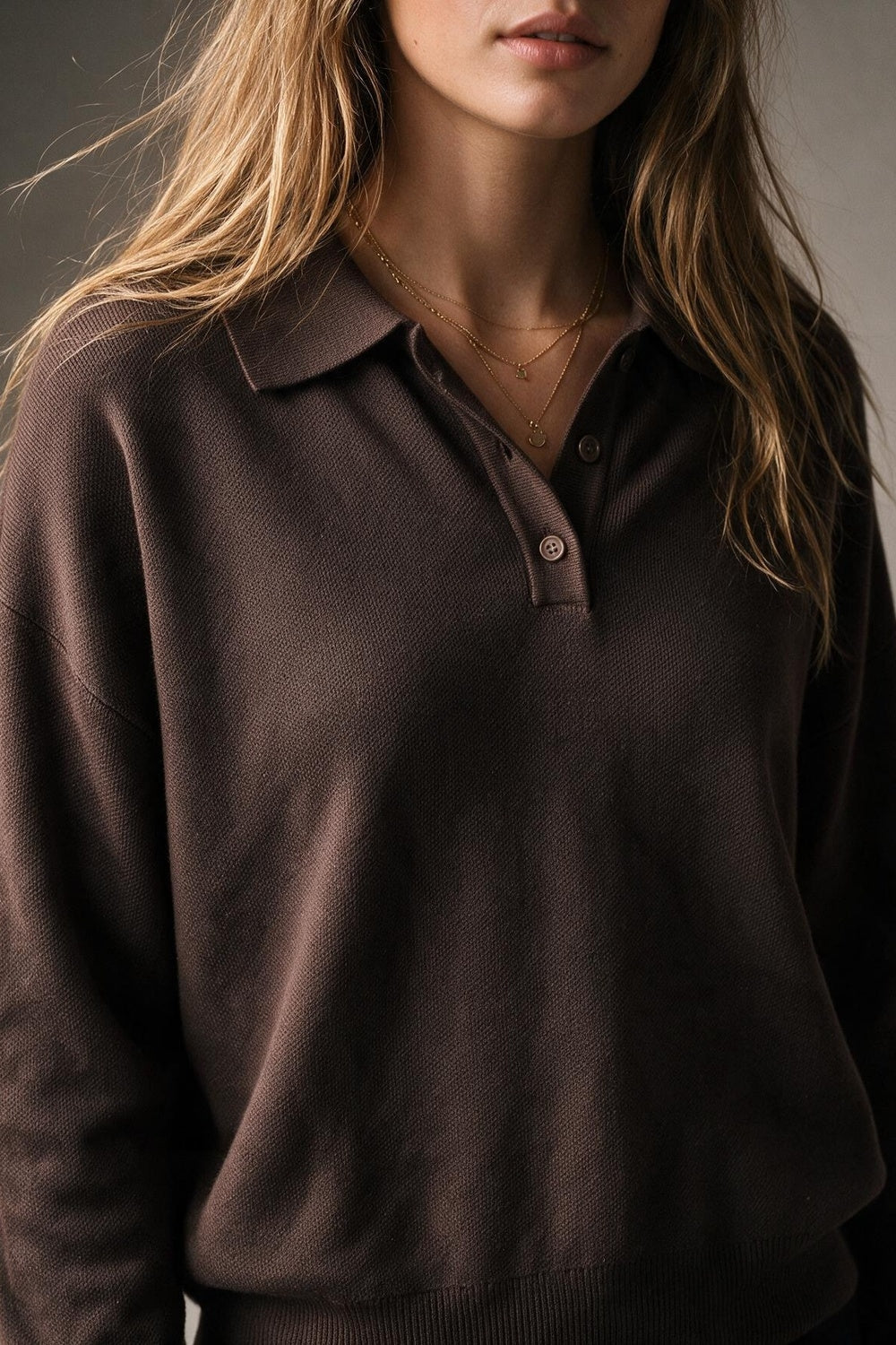 Brown chunky Knit Long Sleeve Polo Sweater - jumper