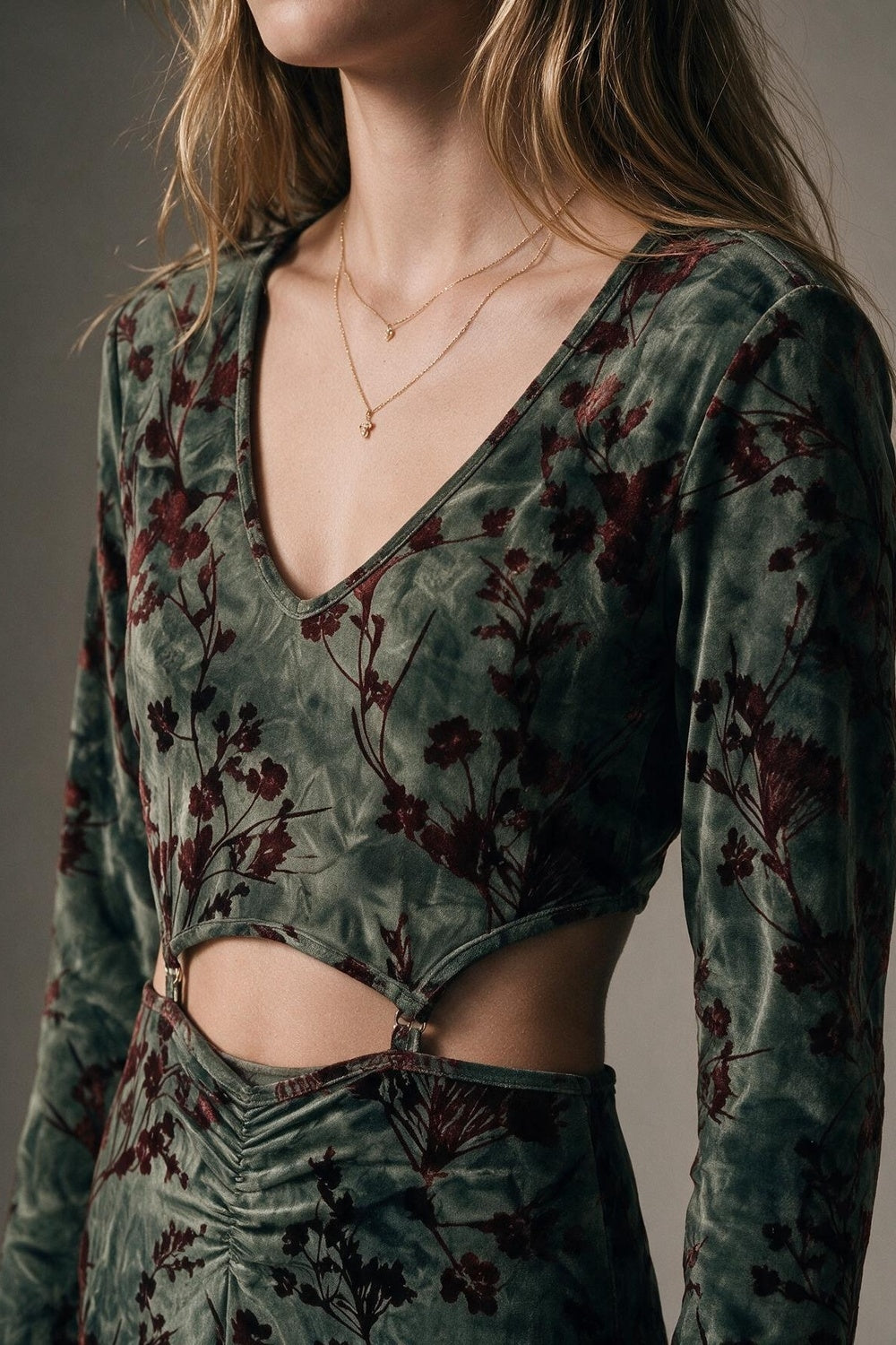 Sage Floral Velvet Cutout Ruched Ruffle Midi Dress in Stretch fabric - dress