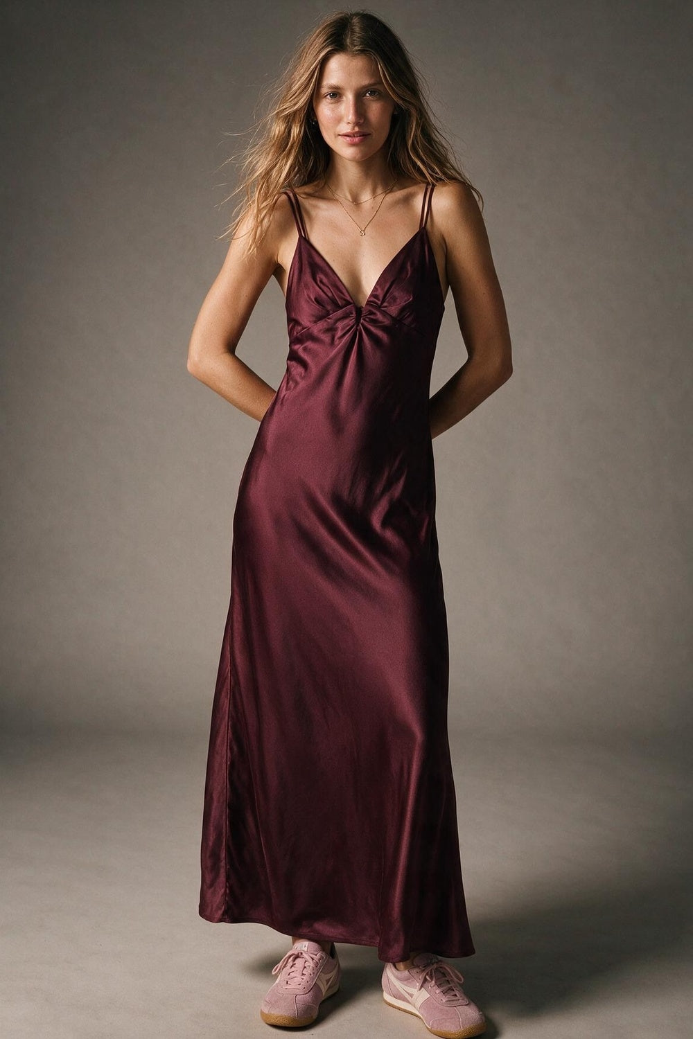 Burgundy Satin Ruched Bust Spaghetti Strap Slip Maxi Dress - dress