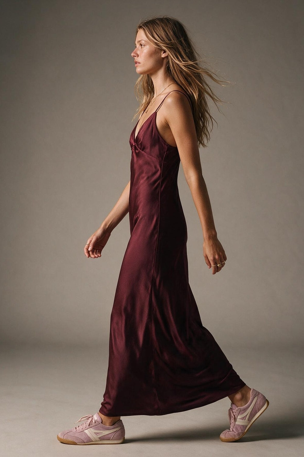 Burgundy Satin Ruched Bust Spaghetti Strap Slip Maxi Dress - dress