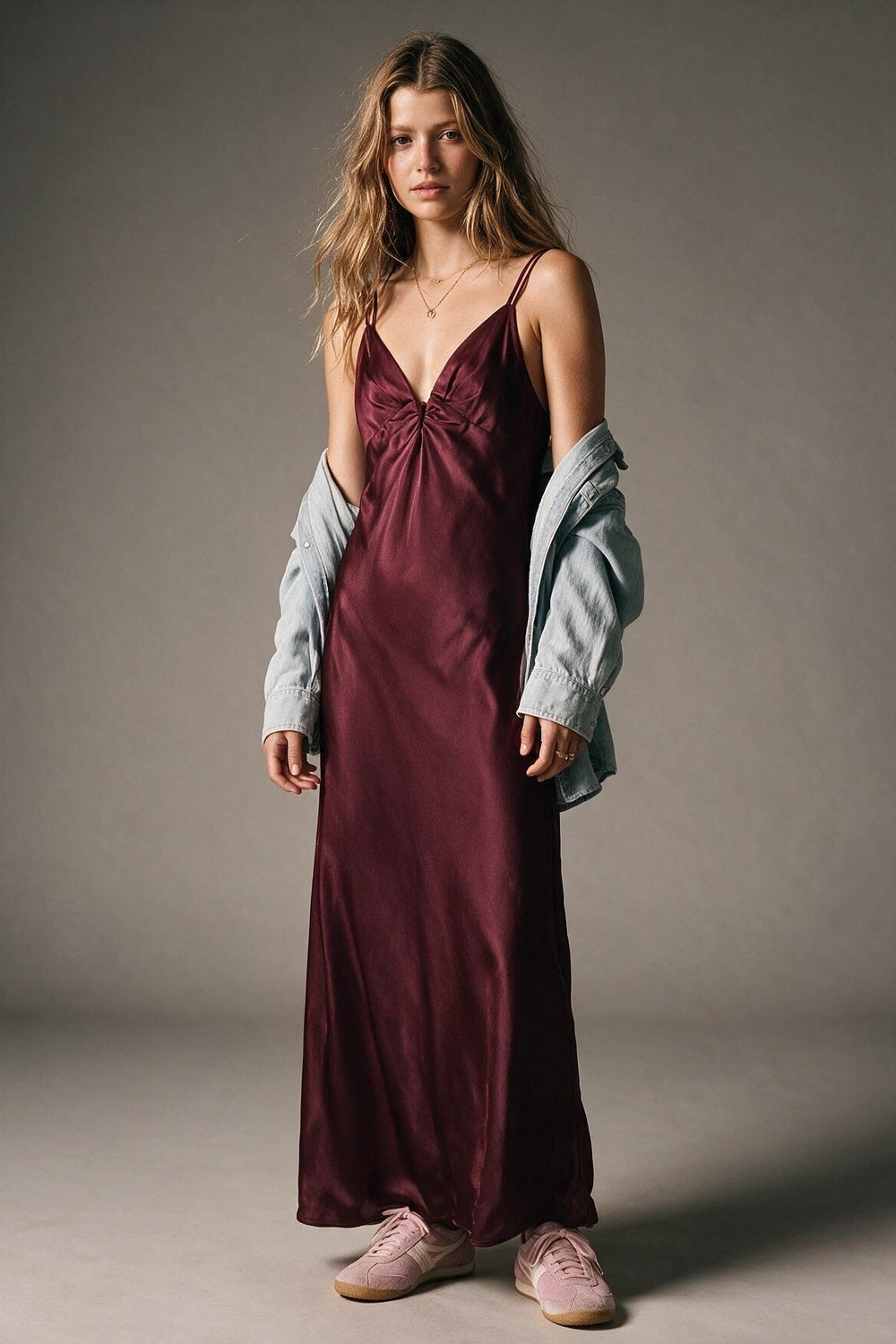 Burgundy Satin Ruched Bust Spaghetti Strap Slip Maxi Dress - dress