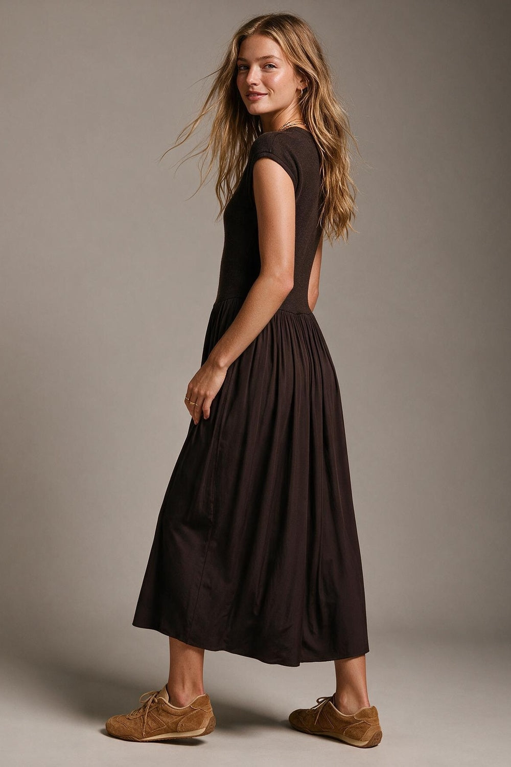 Brown Fine Knit Cap Sleeve Gathered satin Skirt Midi Dress - dress