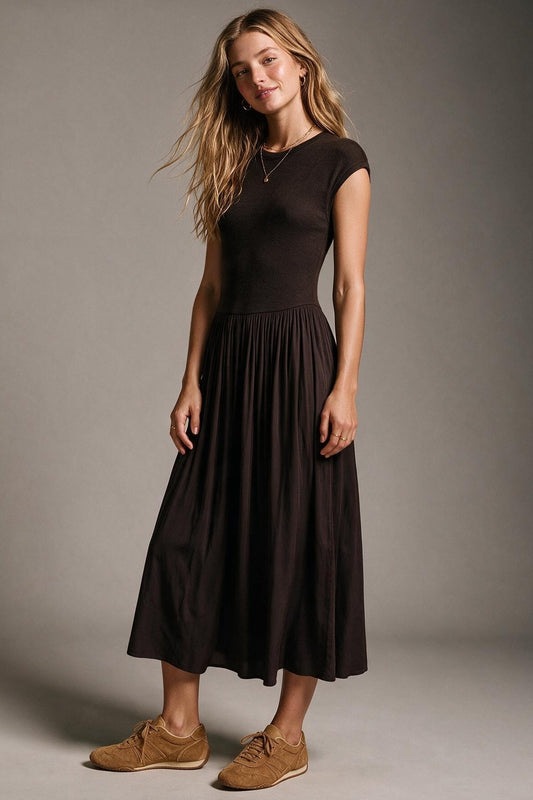 Brown Fine Knit Cap Sleeve Gathered satin Skirt Midi Dress - dress