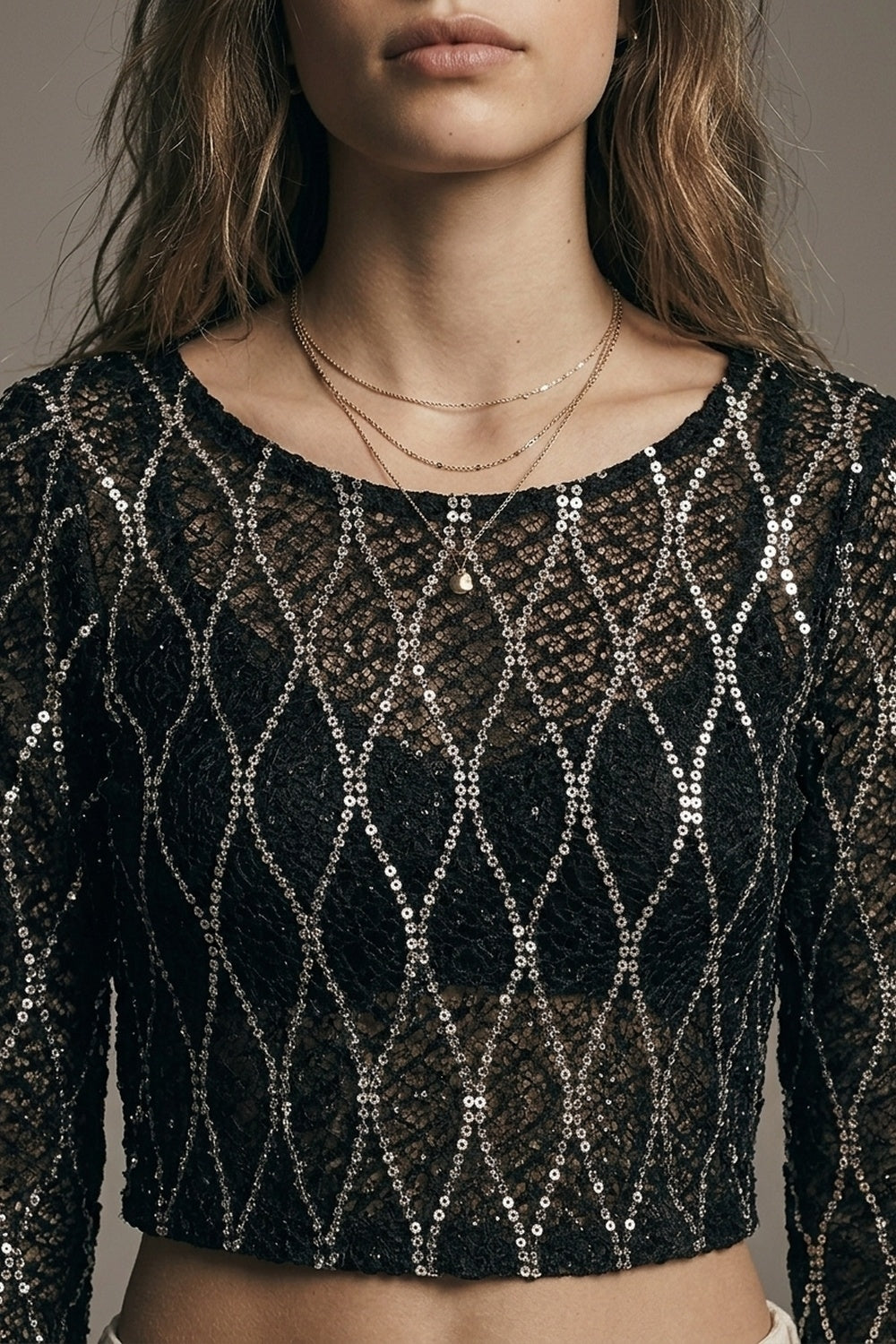 Black Sheer Mesh Sequin Diamond Cropped Long Sleeve Top - top