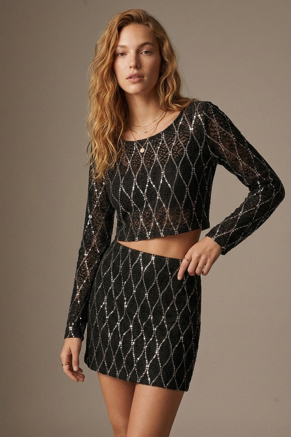 Black Sheer Mesh Sequin Diamond Cropped Long Sleeve Top - top