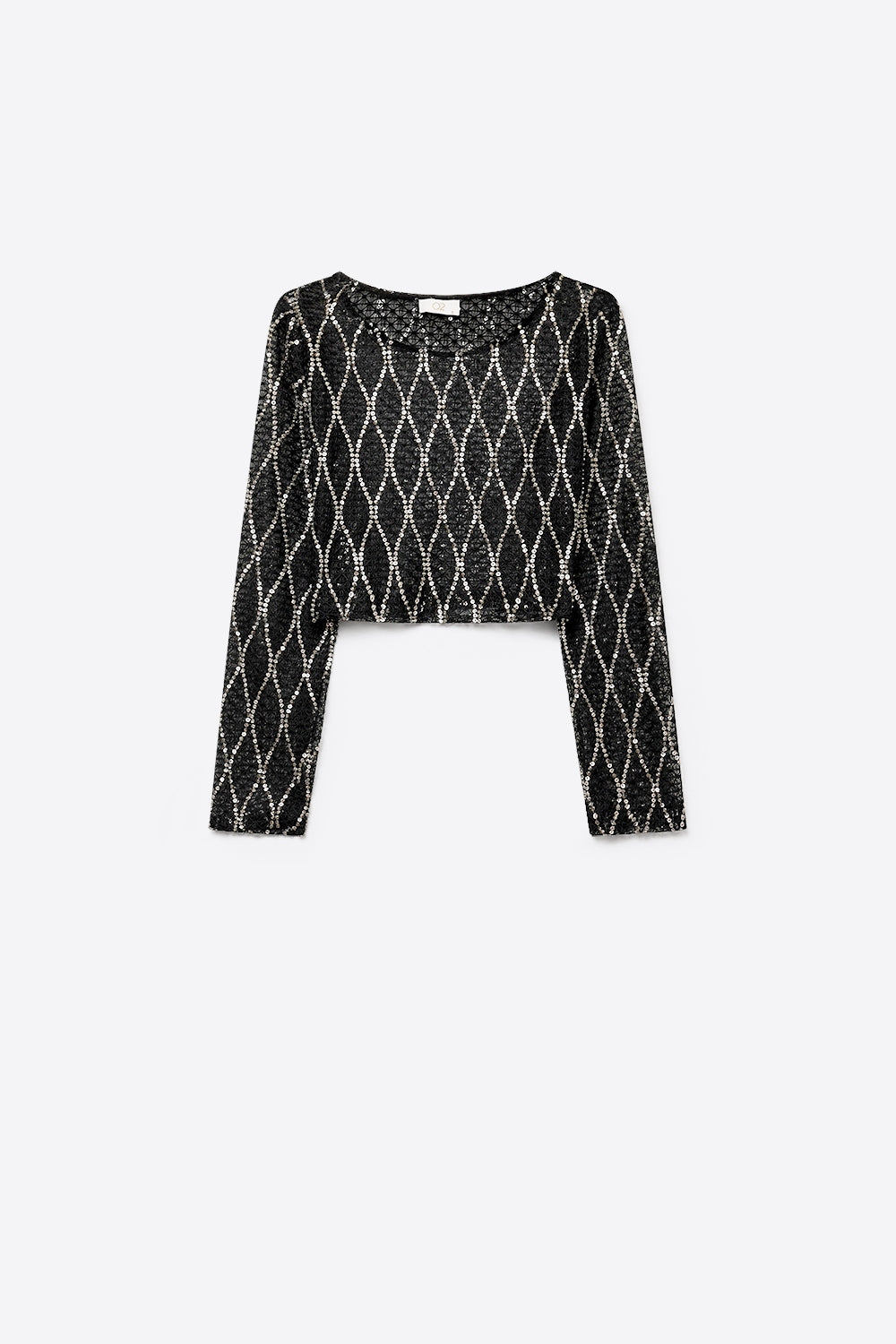 Black Sheer Mesh Sequin Diamond Cropped Long Sleeve Top - top