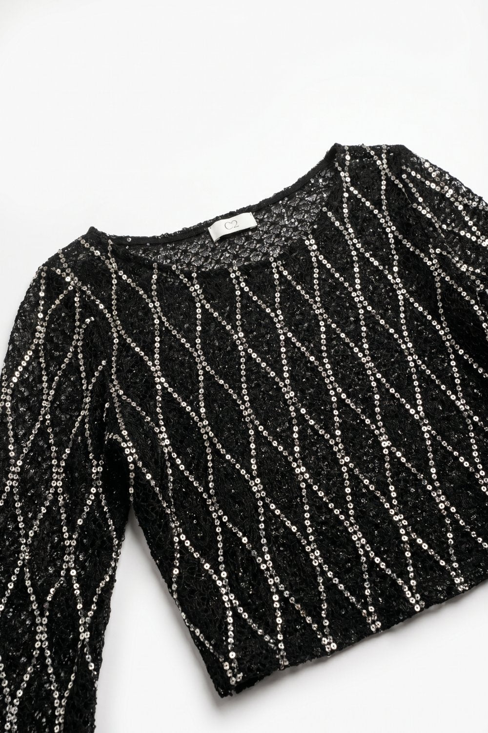 Black Sheer Mesh Sequin Diamond Cropped Long Sleeve Top - top