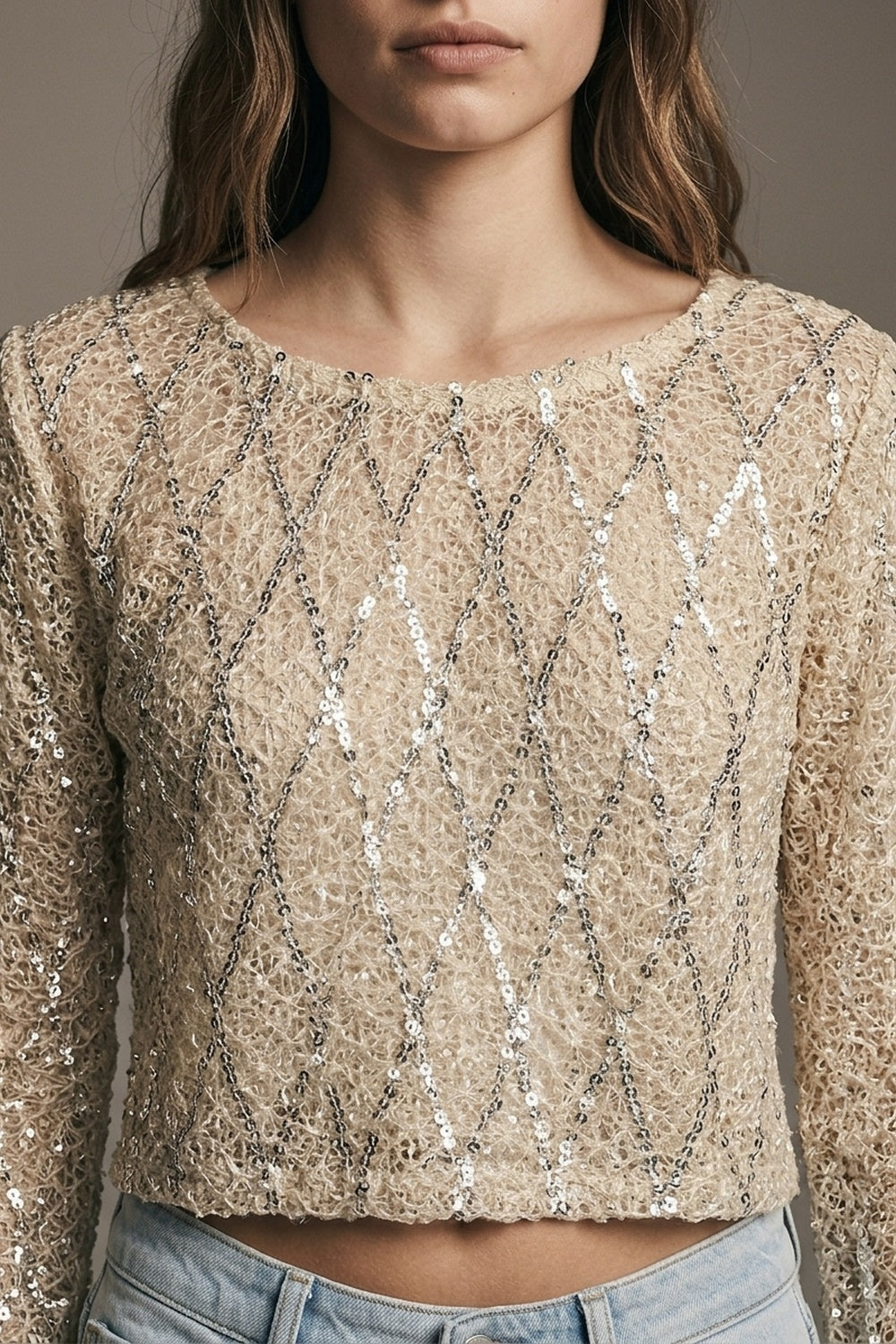 Beige Sheer Mesh Sequin Diamond Cropped Long Sleeve Top - top