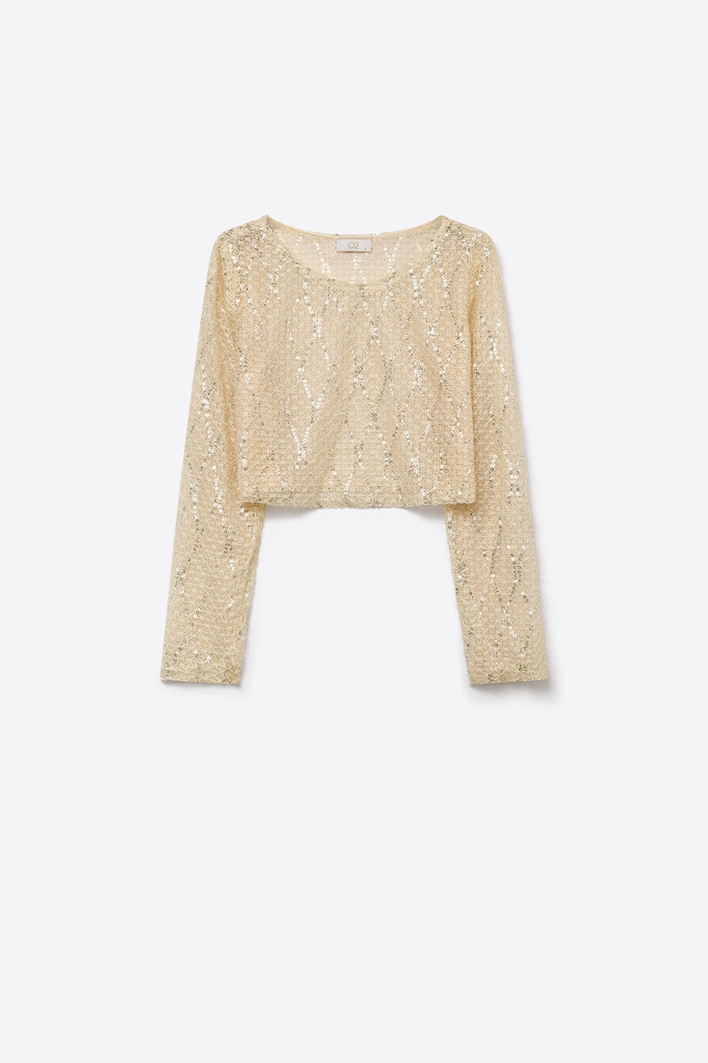 Beige Sheer Mesh Sequin Diamond Cropped Long Sleeve Top - top