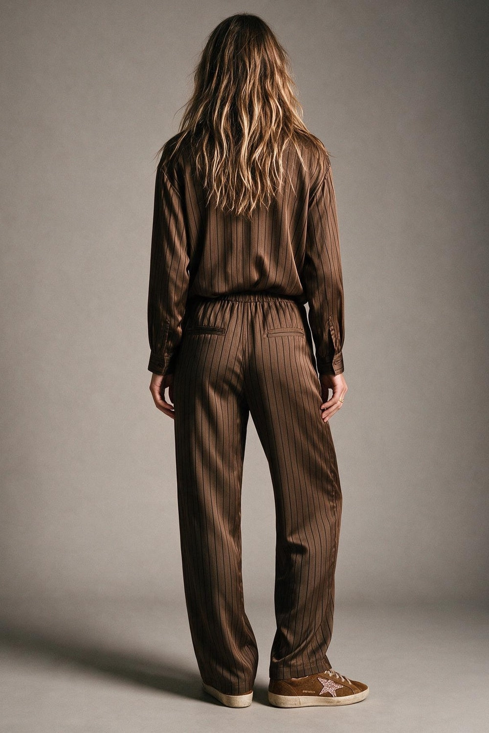 Brown Pinstripe Flat Front Wide Leg Pants in satin fabric - trousers