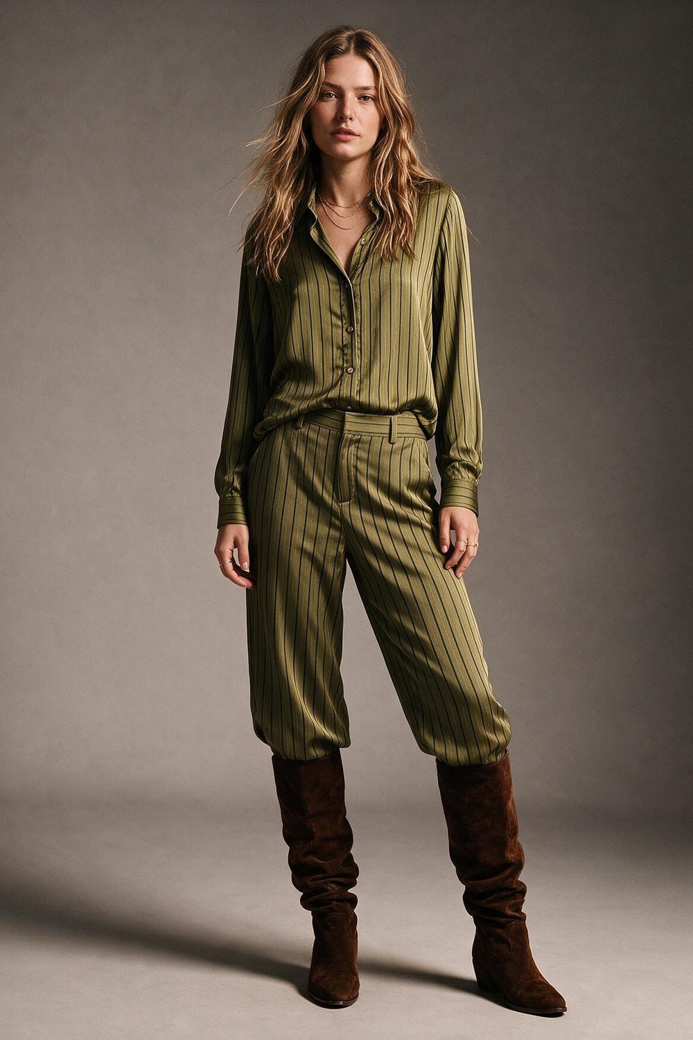 Olive Stripe Satin Button Front Regular Fit Long Sleeve Shirt - Shirts