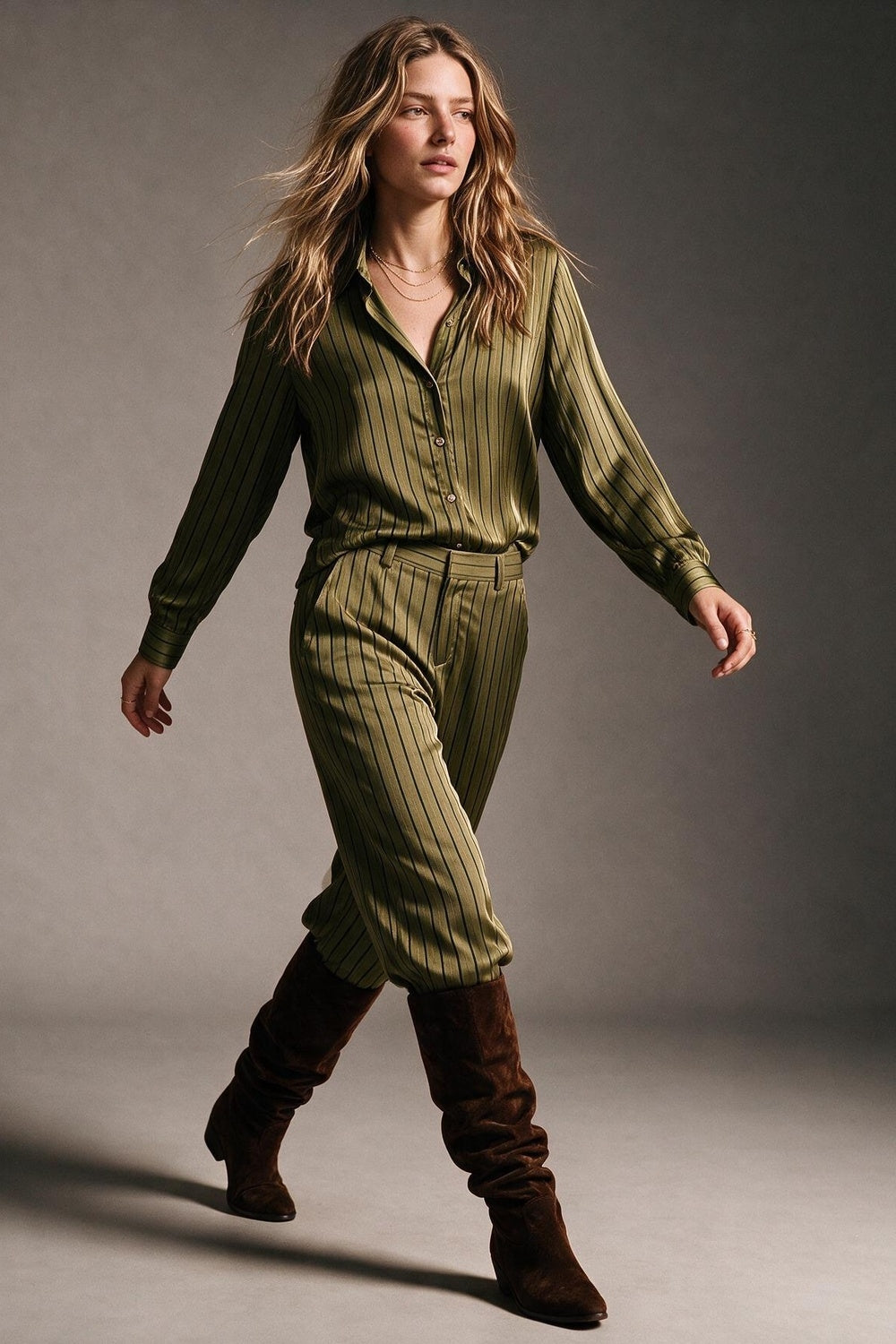 Olive Stripe Satin Button Front Regular Fit Long Sleeve Shirt - Shirts