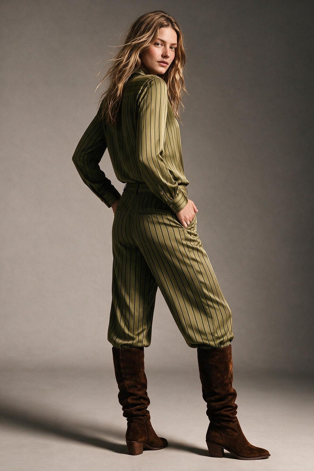 Olive Stripe Satin Button Front Regular Fit Long Sleeve Shirt - Shirts