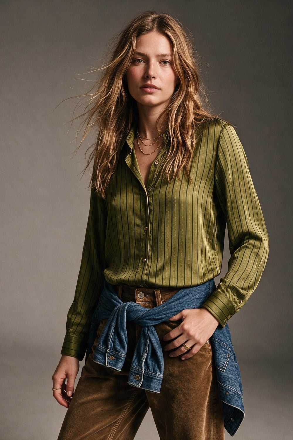 Olive Stripe Satin Button Front Regular Fit Long Sleeve Shirt - Shirts