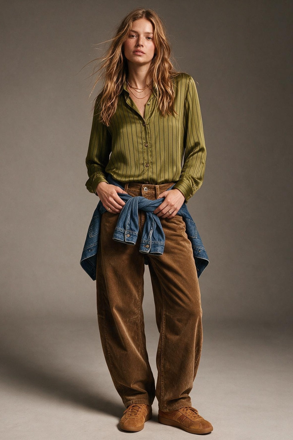 Olive Stripe Satin Button Front Regular Fit Long Sleeve Shirt - Shirts