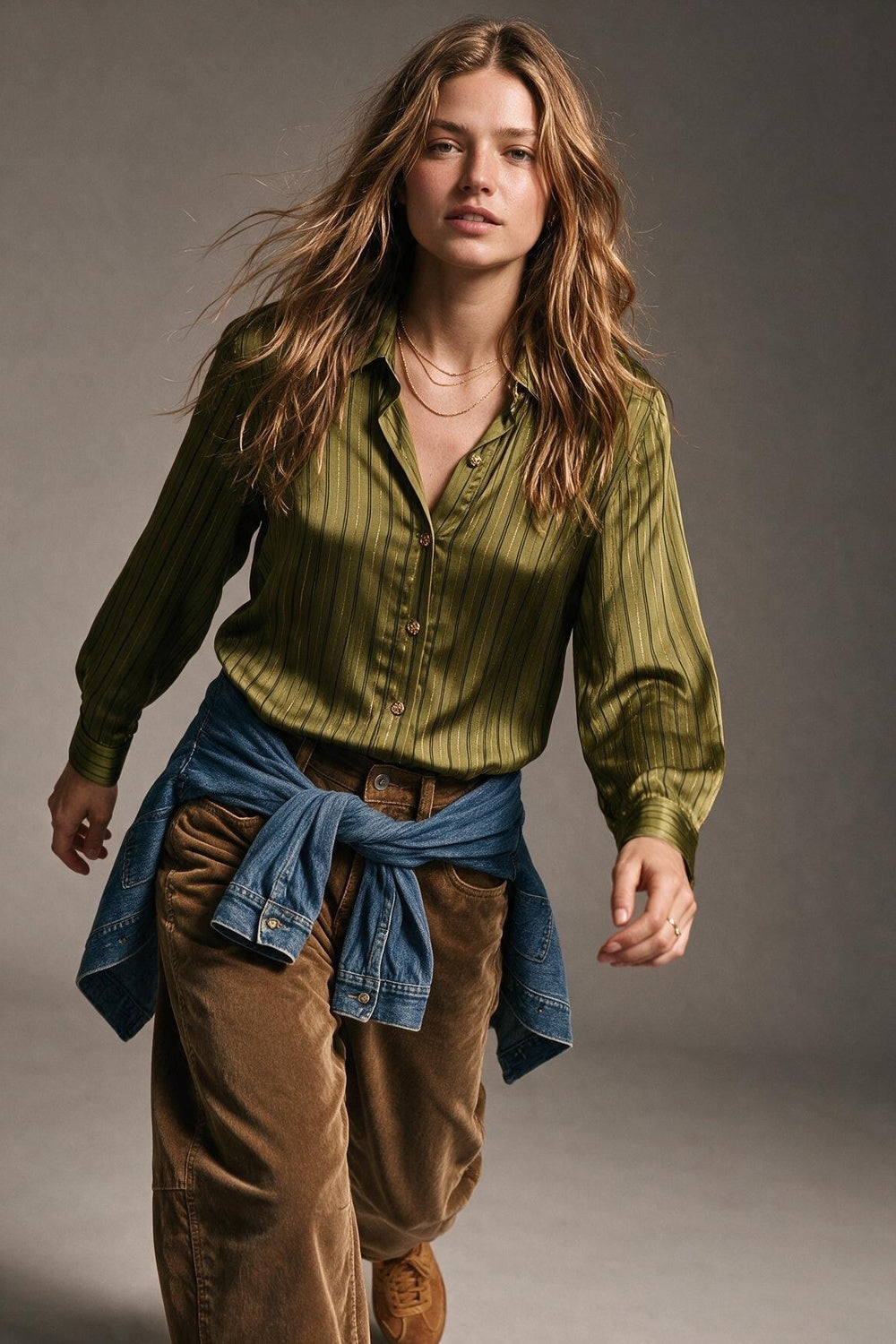 Olive Stripe Satin Button Front Regular Fit Long Sleeve Shirt - Shirts