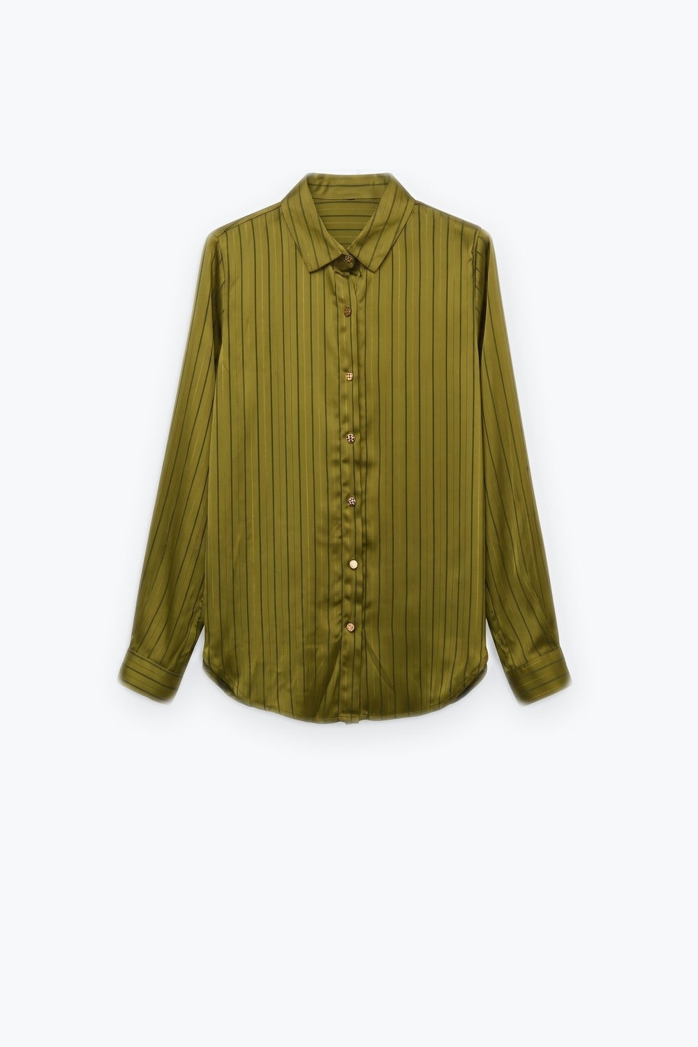 Olive Stripe Satin Button Front Regular Fit Long Sleeve Shirt - Shirts