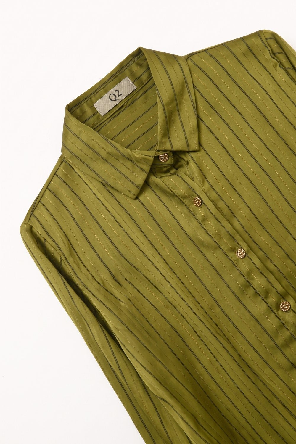 Olive Stripe Satin Button Front Regular Fit Long Sleeve Shirt - Shirts