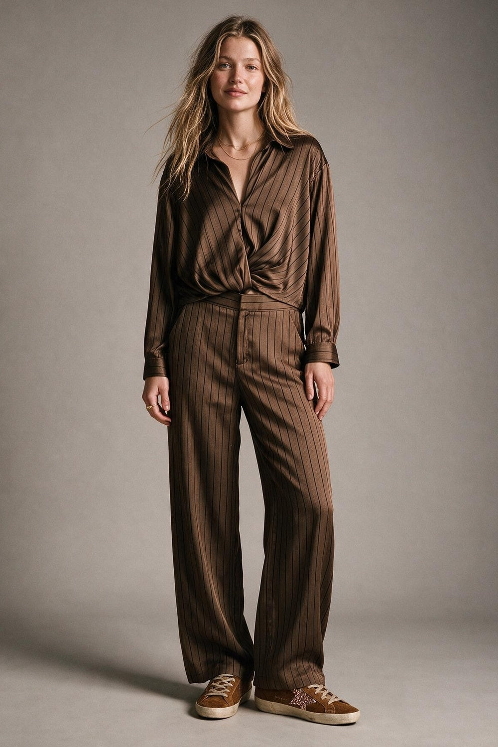 Brown Stripe Satin Twist Front Draped Long Sleeve Blouse - Shirts