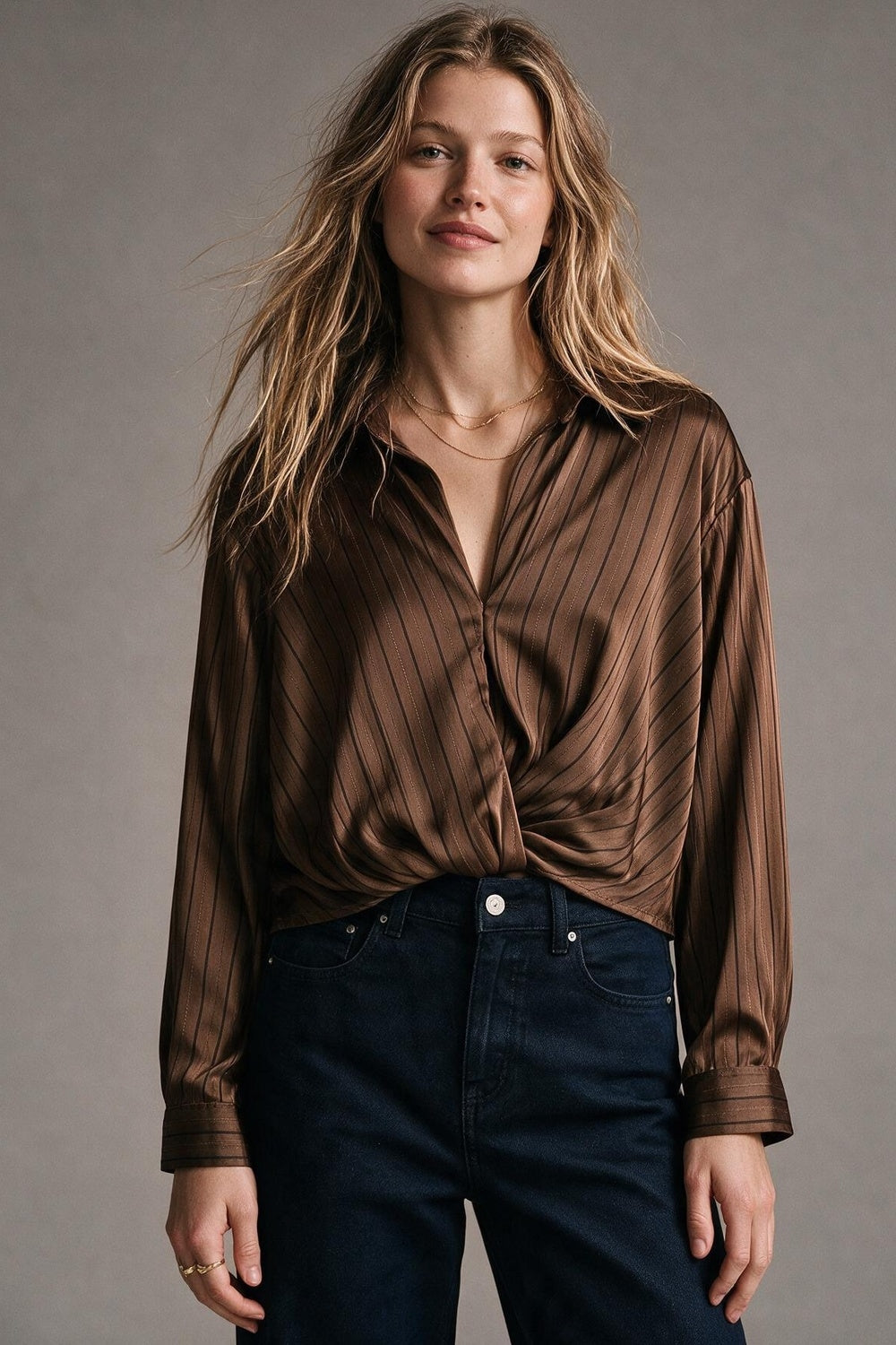 Brown Stripe Satin Twist Front Draped Long Sleeve Blouse - Shirts