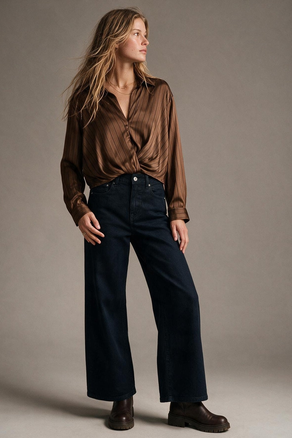 Brown Stripe Satin Twist Front Draped Long Sleeve Blouse - Shirts