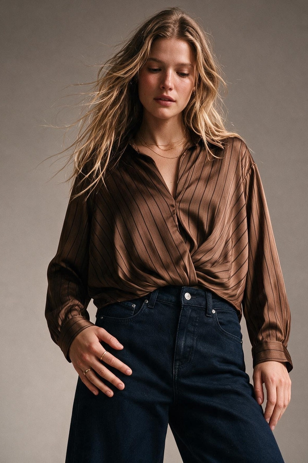 Brown Stripe Satin Twist Front Draped Long Sleeve Blouse - Shirts