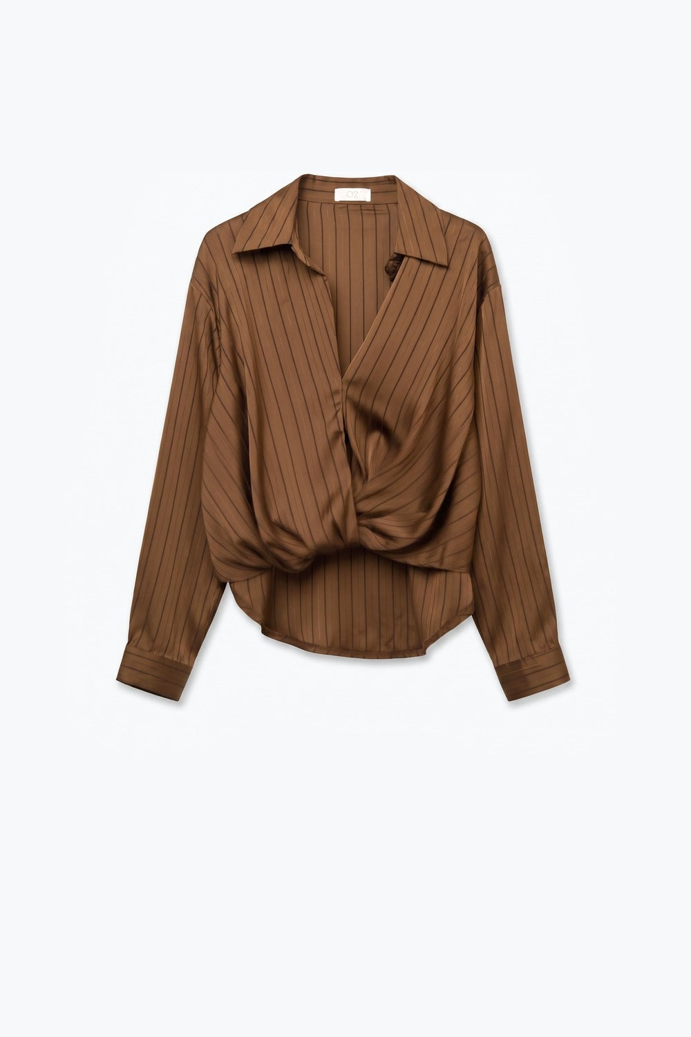 Brown Stripe Satin Twist Front Draped Long Sleeve Blouse - Shirts