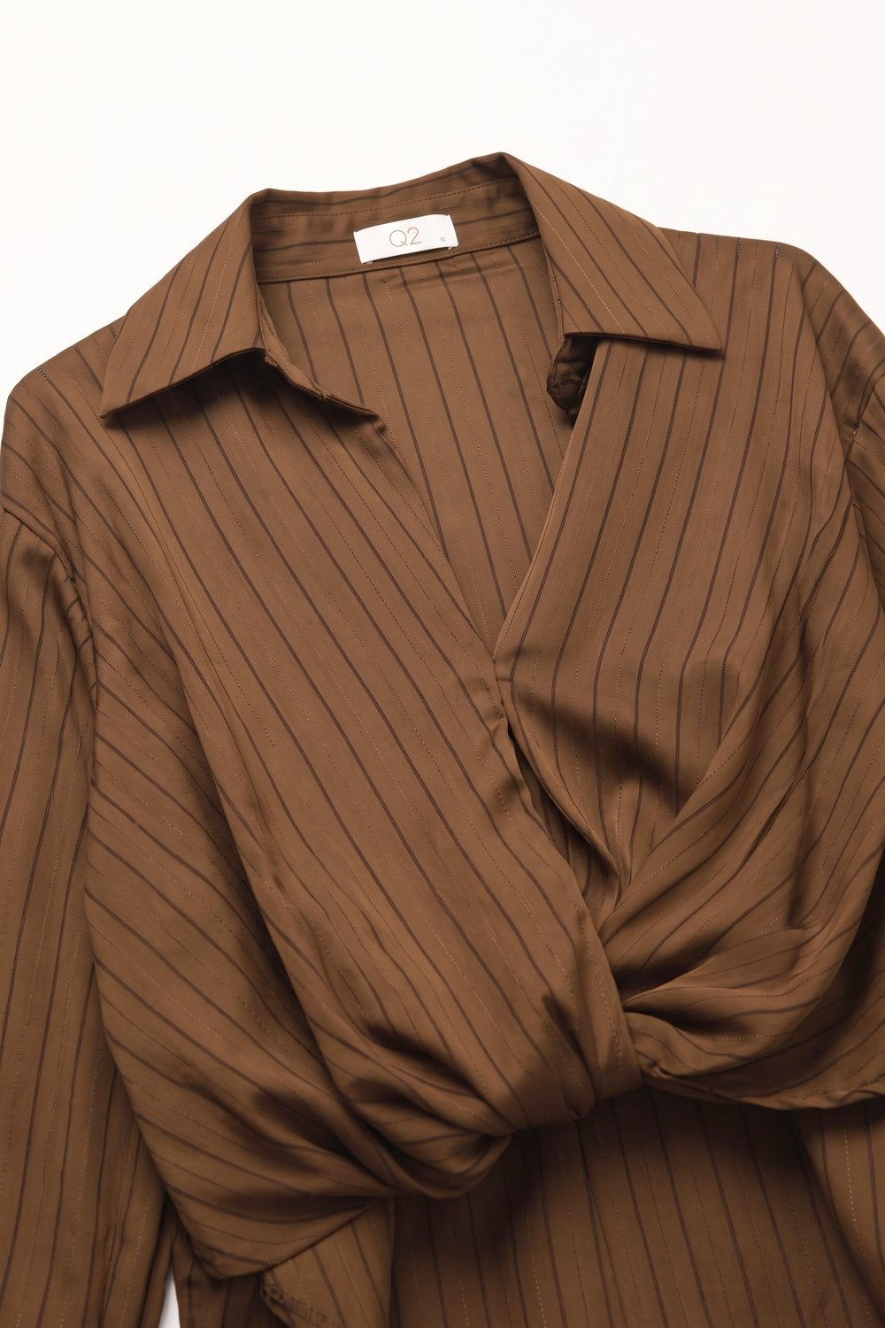 Brown Stripe Satin Twist Front Draped Long Sleeve Blouse - Shirts