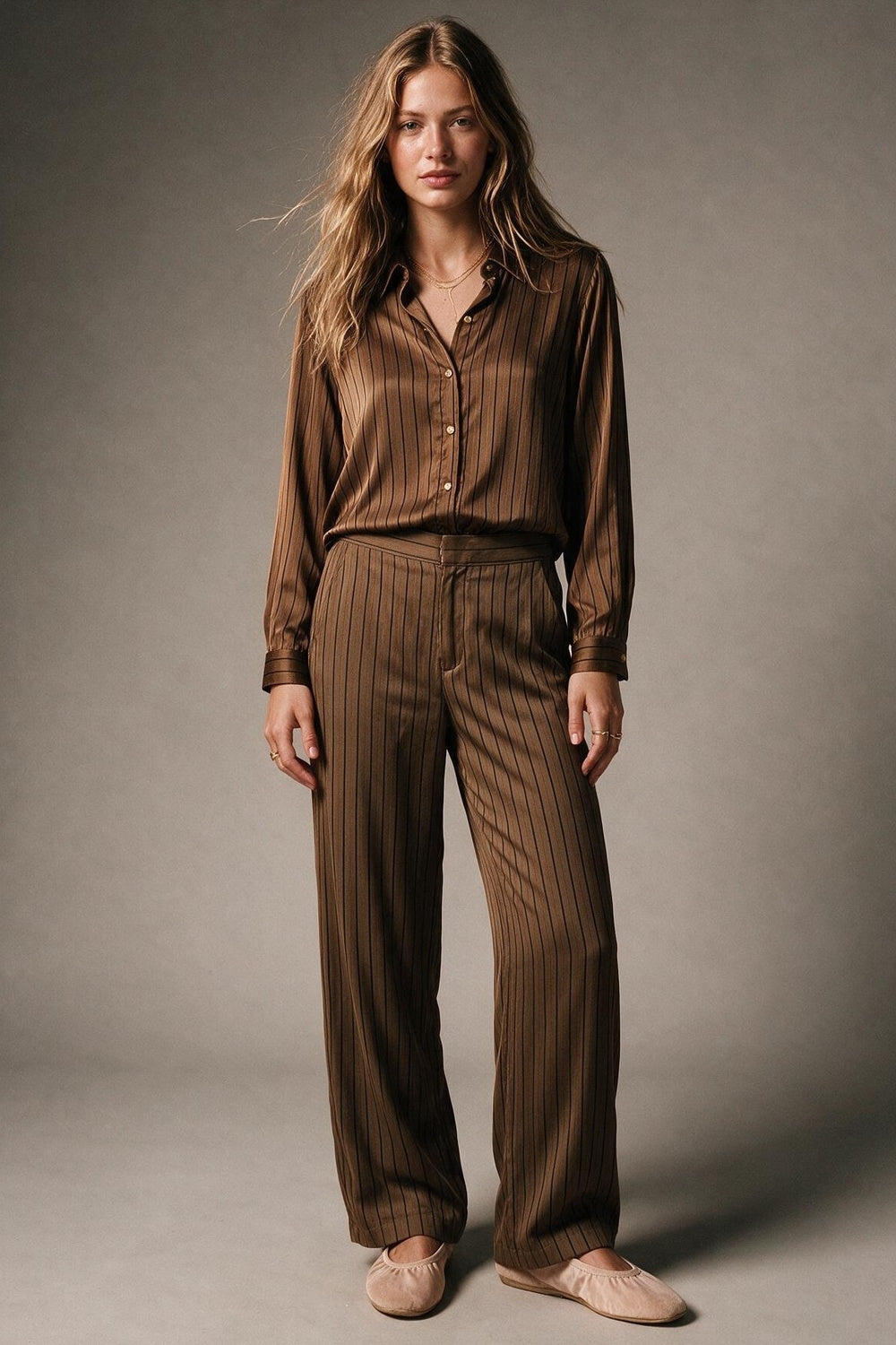 Brown Pinstripe Satin Gold Button Long Sleeve Shirt in satin fabric - Shirts