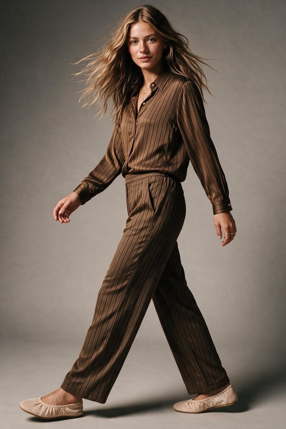 Brown Pinstripe Satin Gold Button Long Sleeve Shirt in satin fabric - Shirts