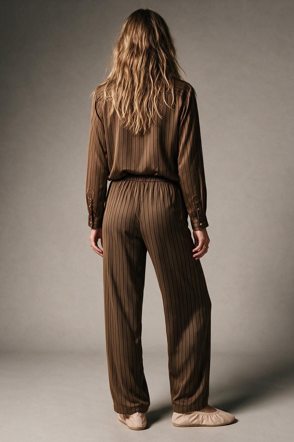 Brown Pinstripe Satin Gold Button Long Sleeve Shirt in satin fabric - Shirts
