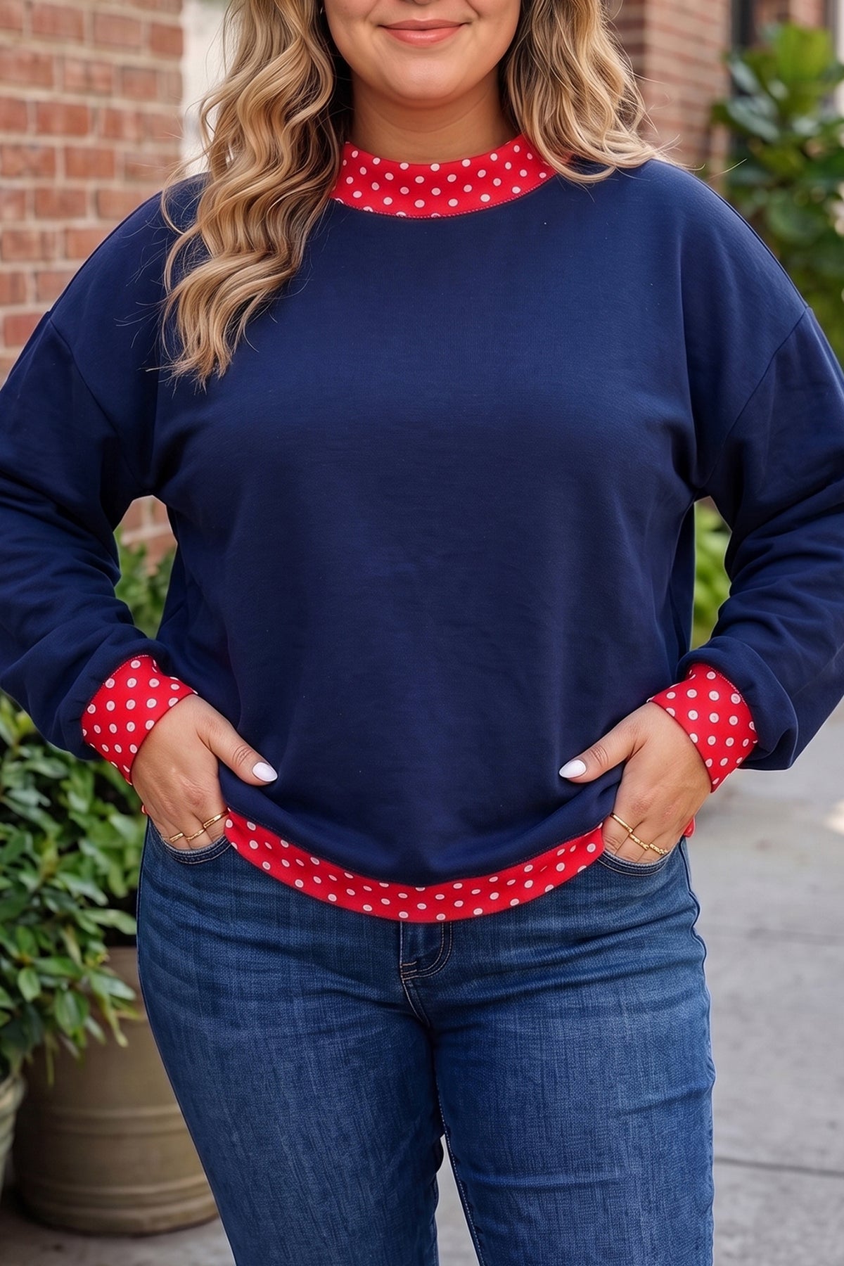 Tillandsia Purple Polka Dot Patchwork Round Neck Plus Size Sweatshirt Dirty blue 50%Polyester+50%Cotton - Plus Size/Plus Size Sweatshirts & Hoodies