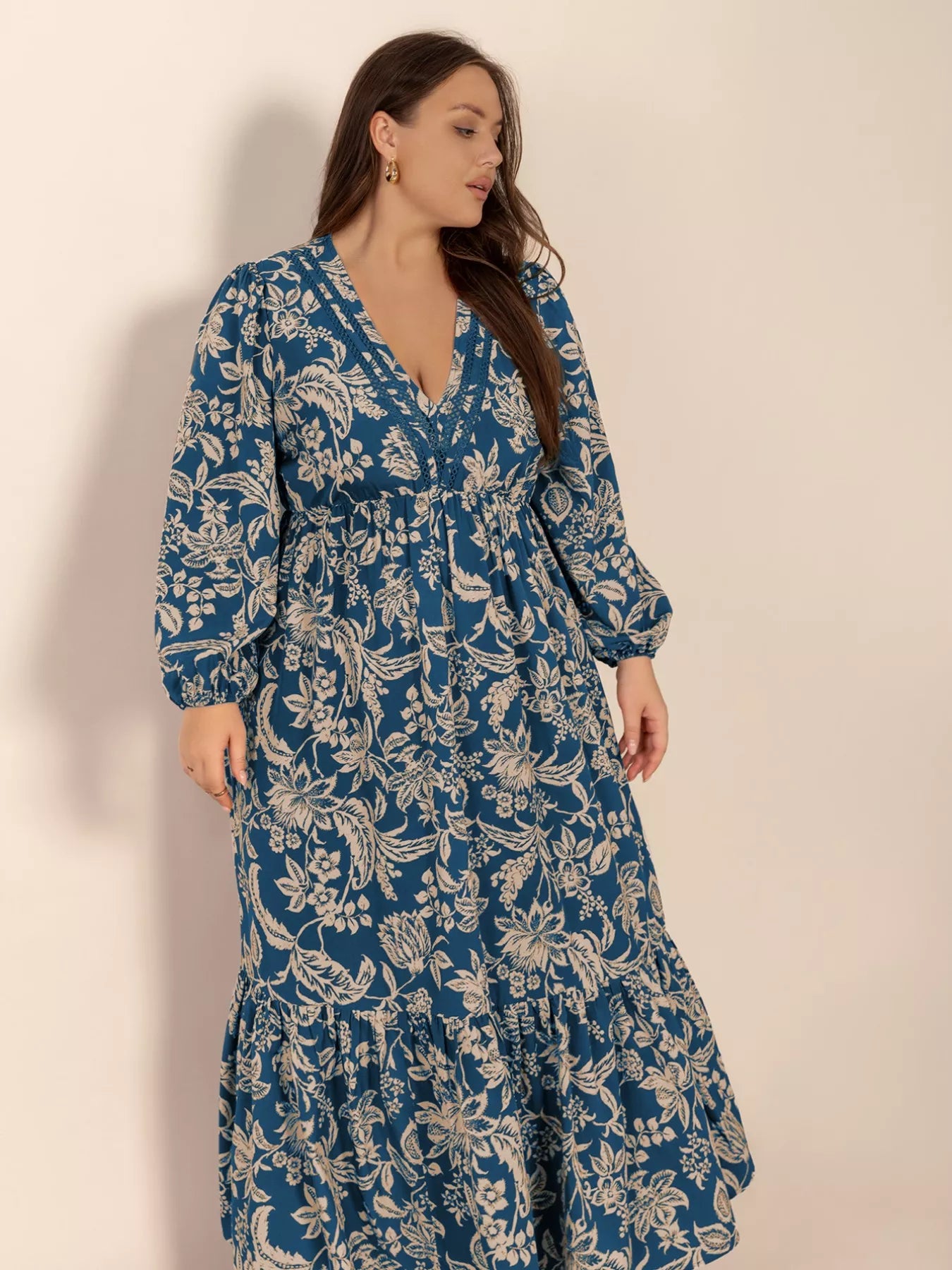 Plus Size Boho Floral Print Long Sleeve Maxi Dress -