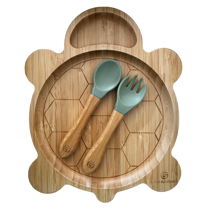 Turtle Bamboo Feeding Set - Plate, Bowl, Spoon & Fork Gift Set - Feeding Essentials