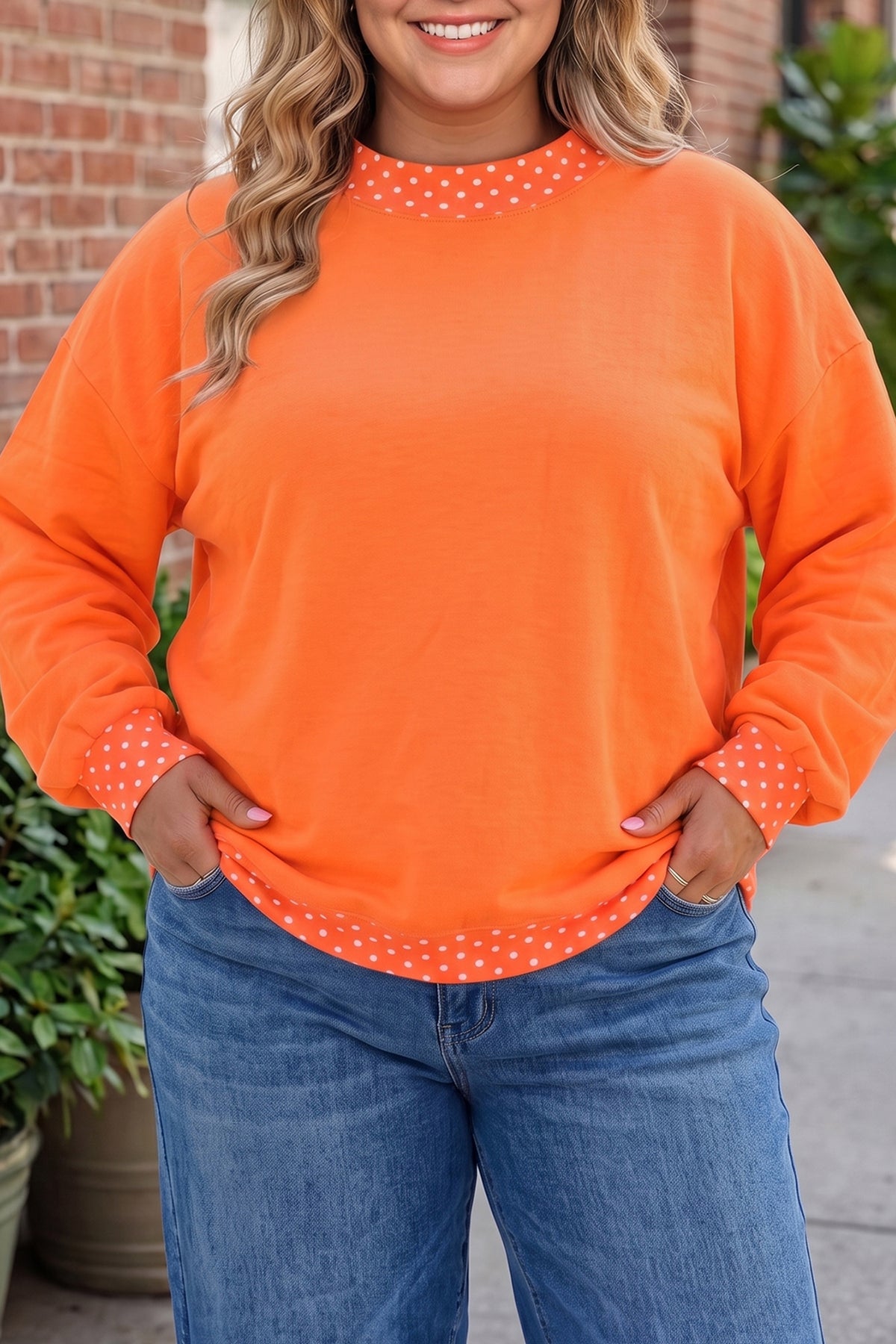 Tillandsia Purple Polka Dot Patchwork Round Neck Plus Size Sweatshirt Orange 50%Polyester+50%Cotton - Plus Size/Plus Size Sweatshirts & Hoodies